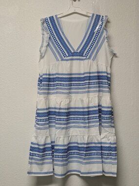 Blue & White V-Neck Ruffle Sleeveless Geometric Tribal Pattern Tiered Midi Dress
